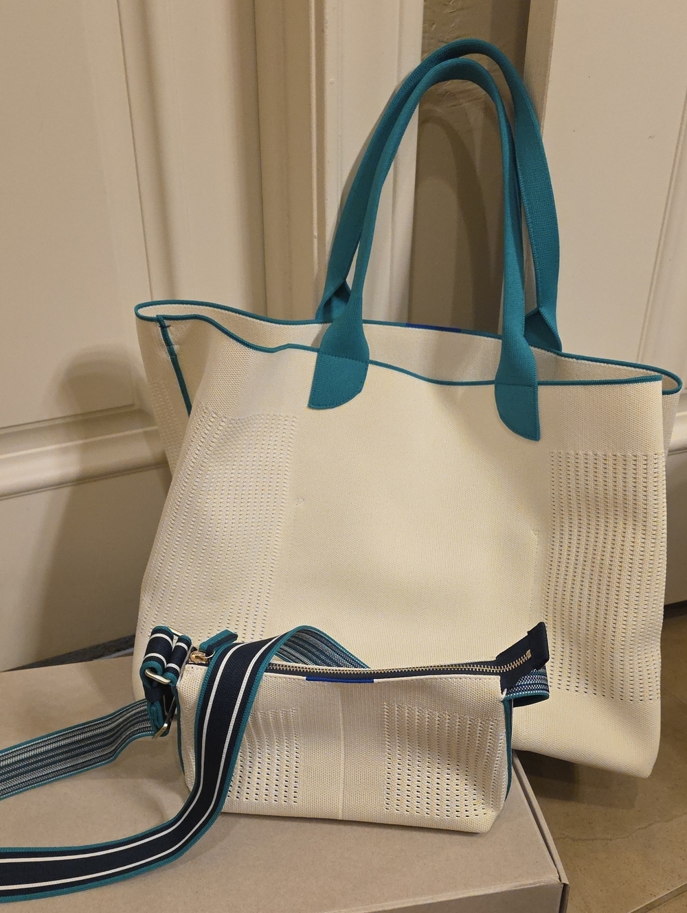 Rothy's White Tennis Tote with Teal Handles and Matching Striped Crossbody Pouch